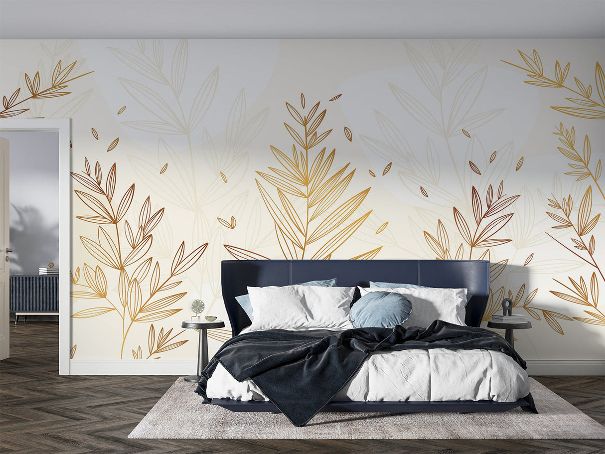 Dining room showcase with metallic botanical wallpaper reflecting warm golden tones