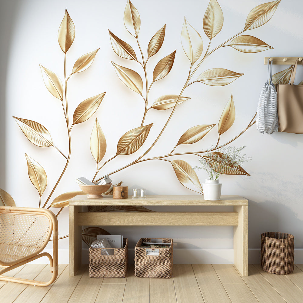 Botanical gold leaf wallpaper creating an elegant atmosphere in a bright living room with modern furniture