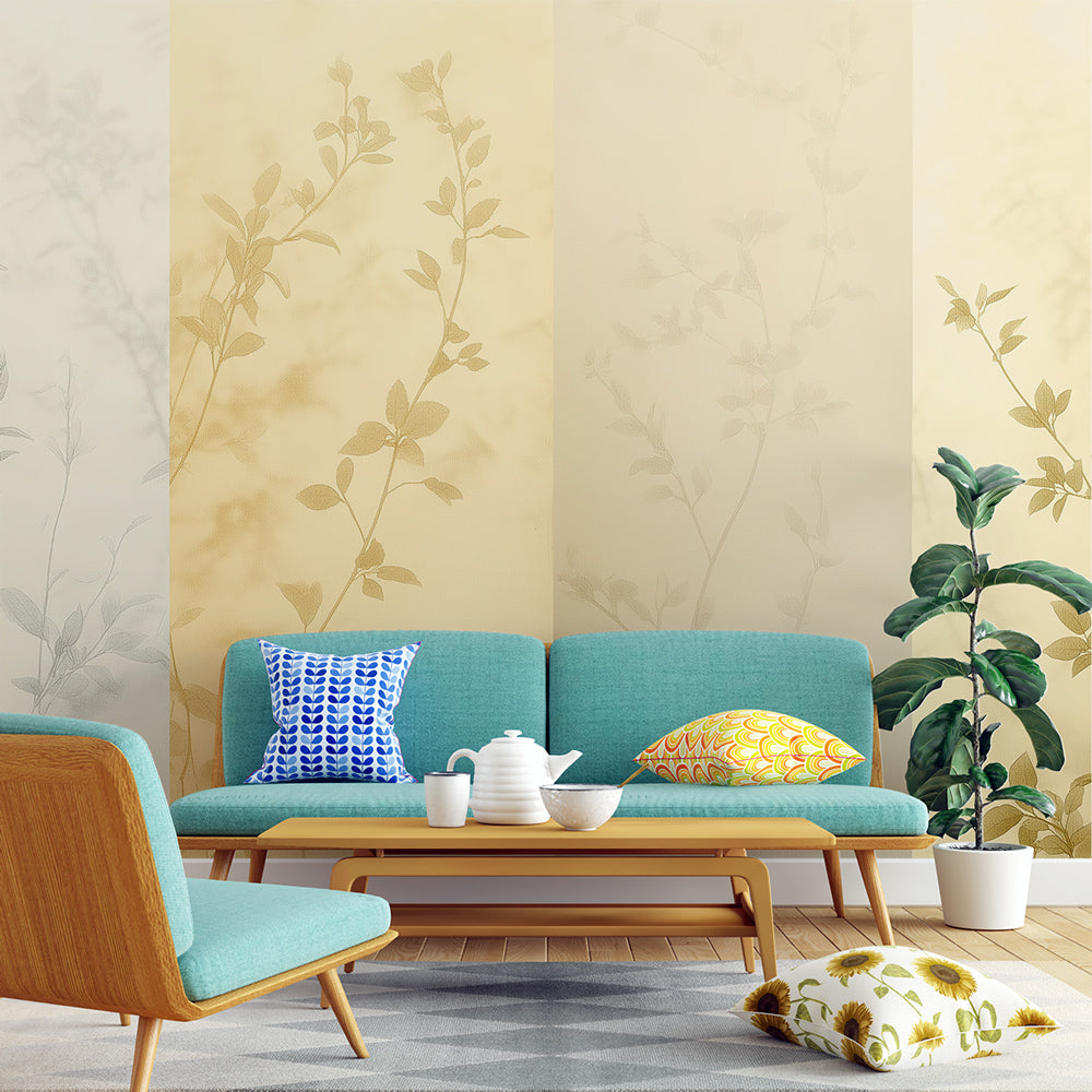 Botanical mural wallpaper with golden leaves creating a warm, inviting atmosphere in a modern living room