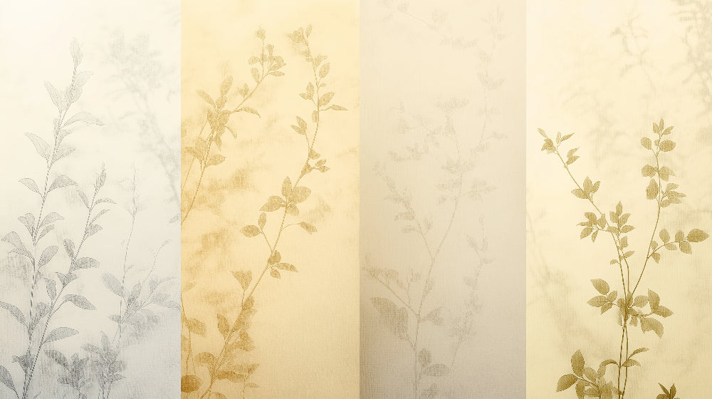Golden leaves botanical wallpaper design file showing detailed leaf pattern and beige stripes