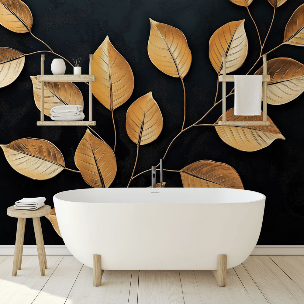 Botanical gold leaf wallpaper creating drama in a modern dining room with pendant lights and dark furniture