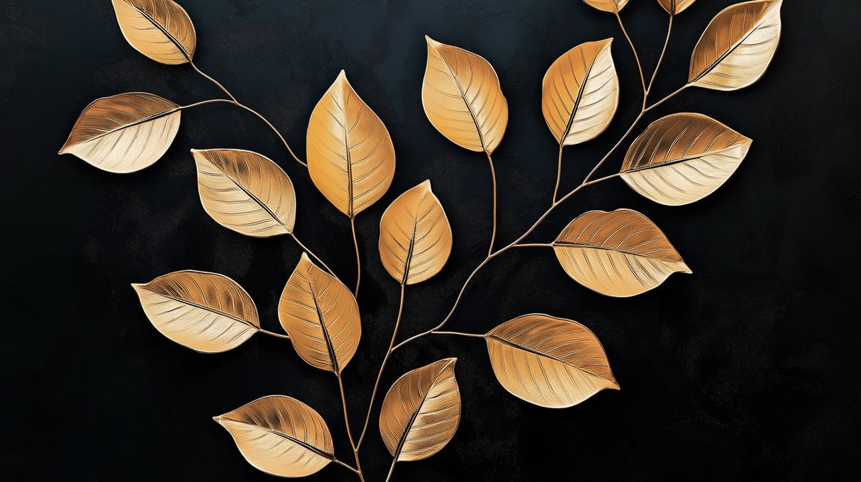 Gold and black botanical pattern design file showing detailed leaf motifs and intricate veining