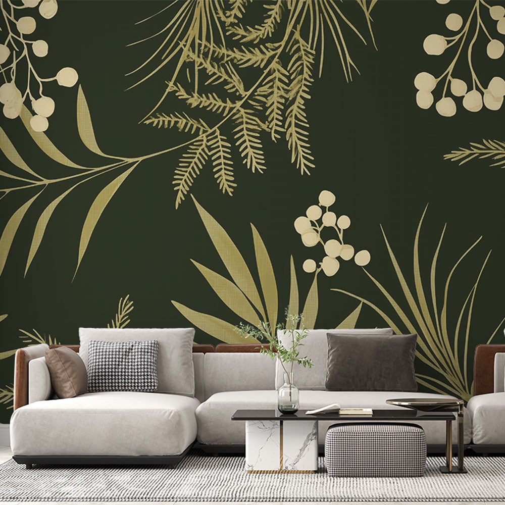 Botanical Mural Wallpaper with golden palm leaves creating an elegant atmosphere in a modern dining room