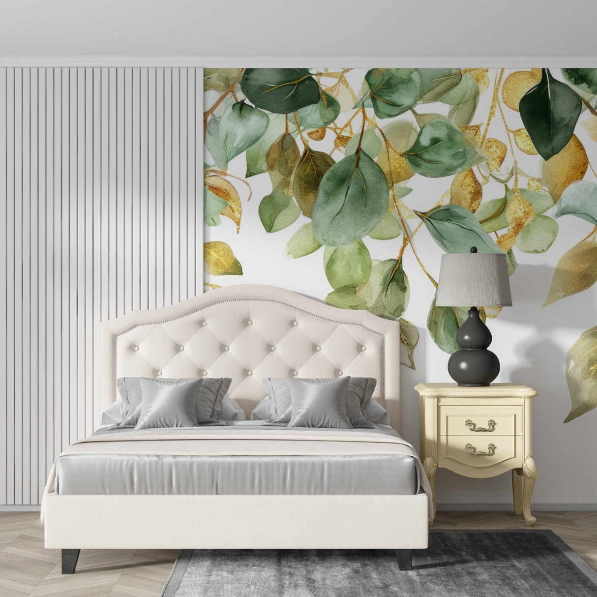 Botanical wallpaper creating calm atmosphere in home office space