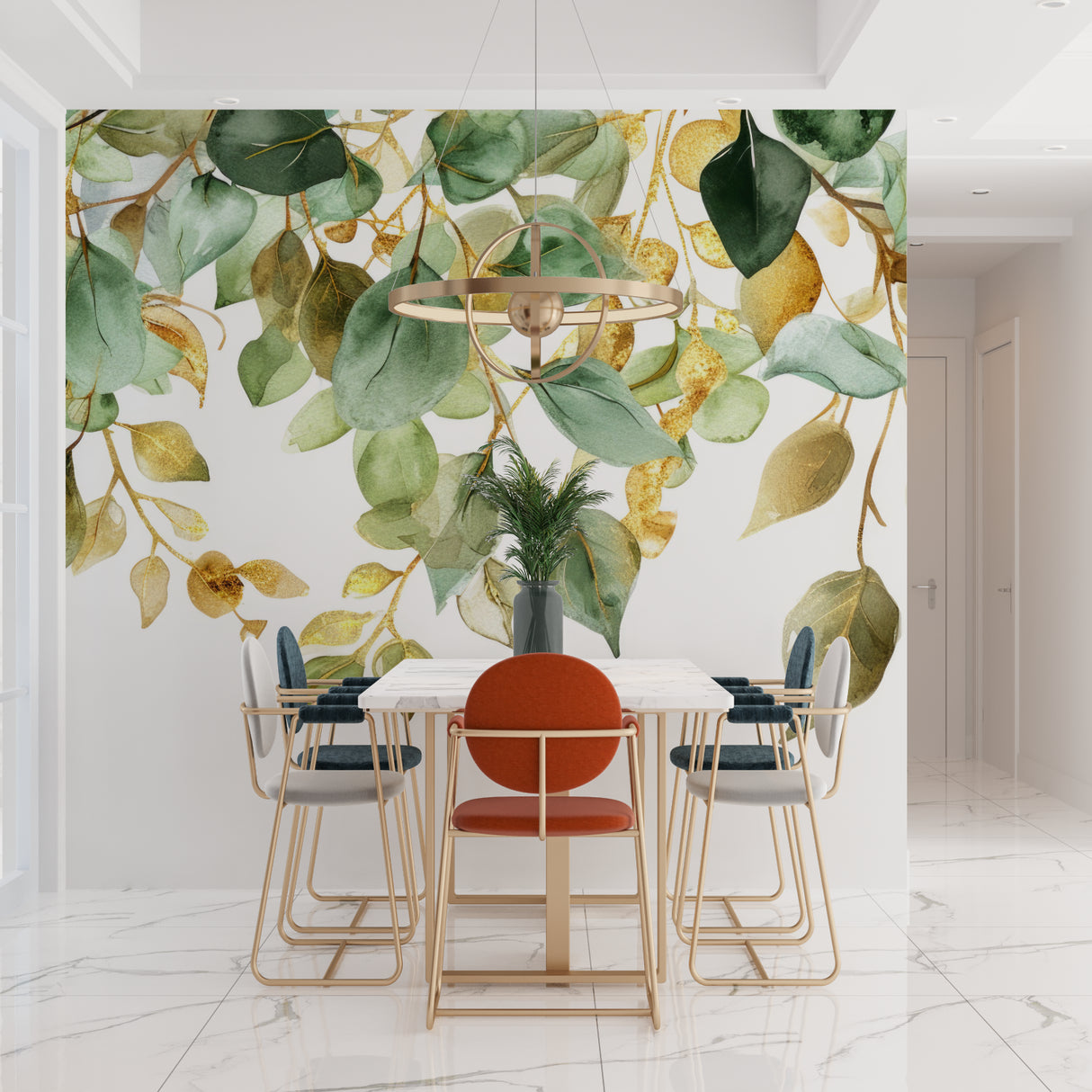 Green and gold botanical mural in hallway with natural lighting