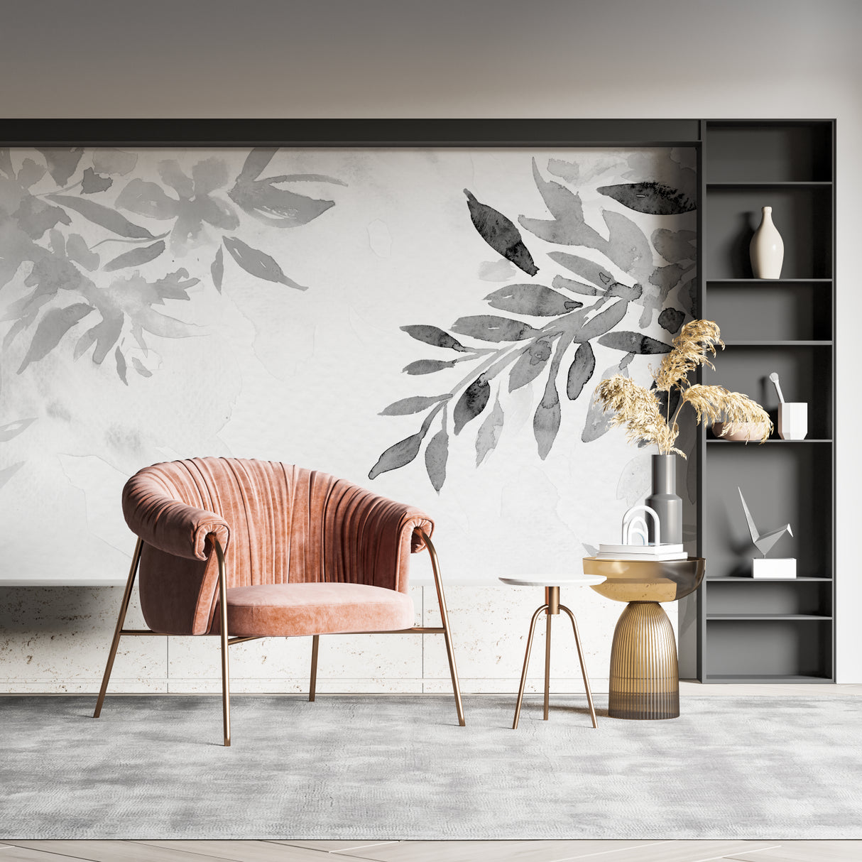 Grey watercolor leaf wallpaper in a minimalist bedroom setting with simple furniture