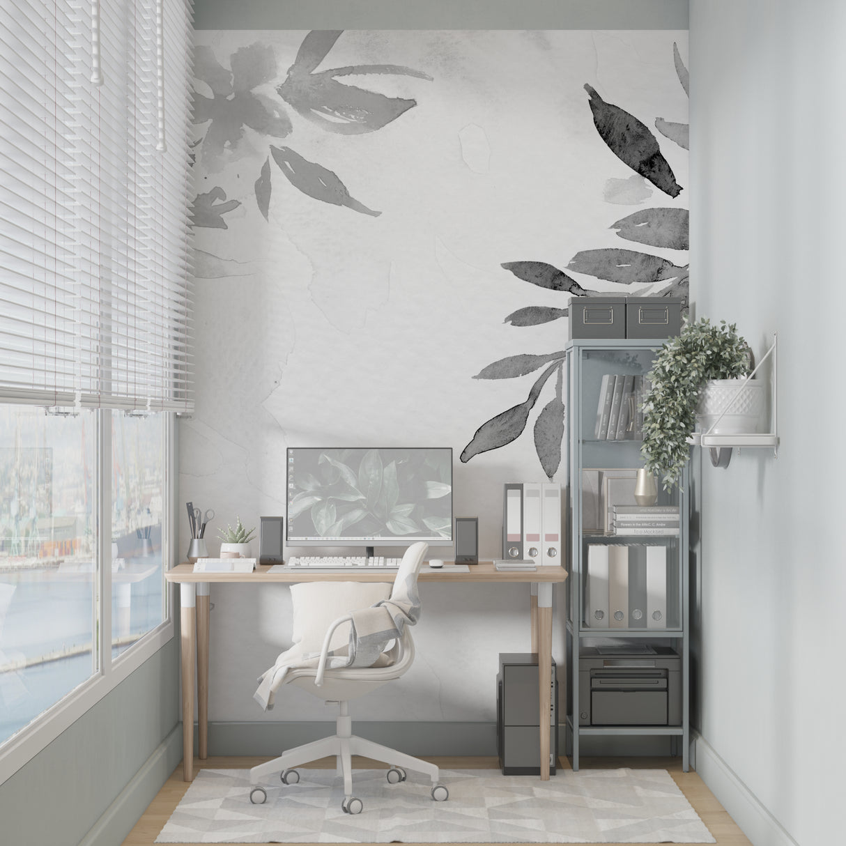 Botanical wallpaper with grey leaves adding elegance to a home office space