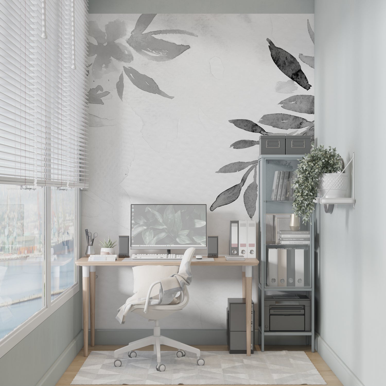 Botanical wallpaper with grey leaves adding elegance to a home office space