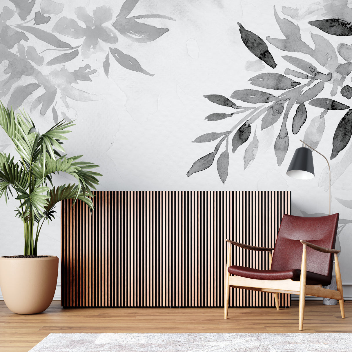 Grey botanical wall mural bringing calm to a contemporary dining room