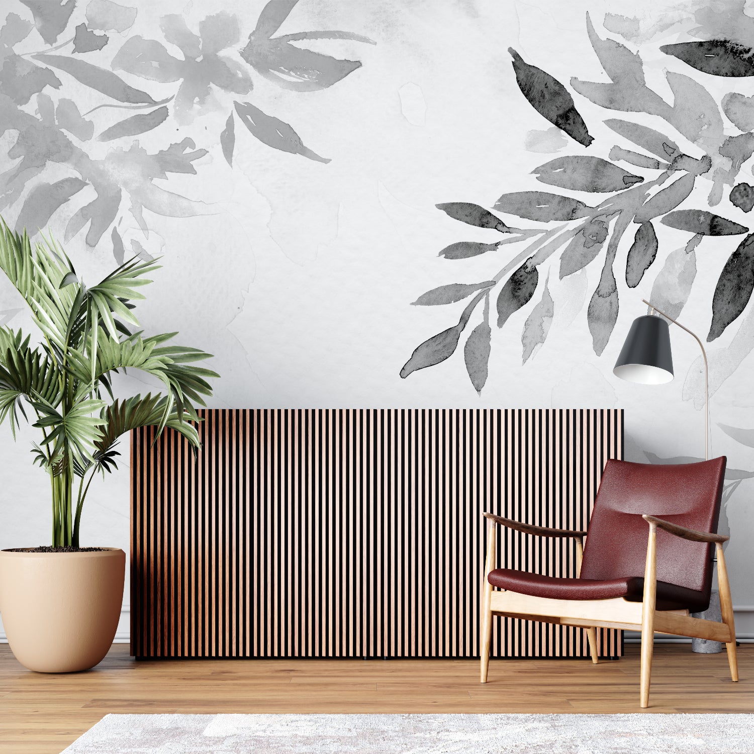 Grey botanical wall mural bringing calm to a contemporary dining room