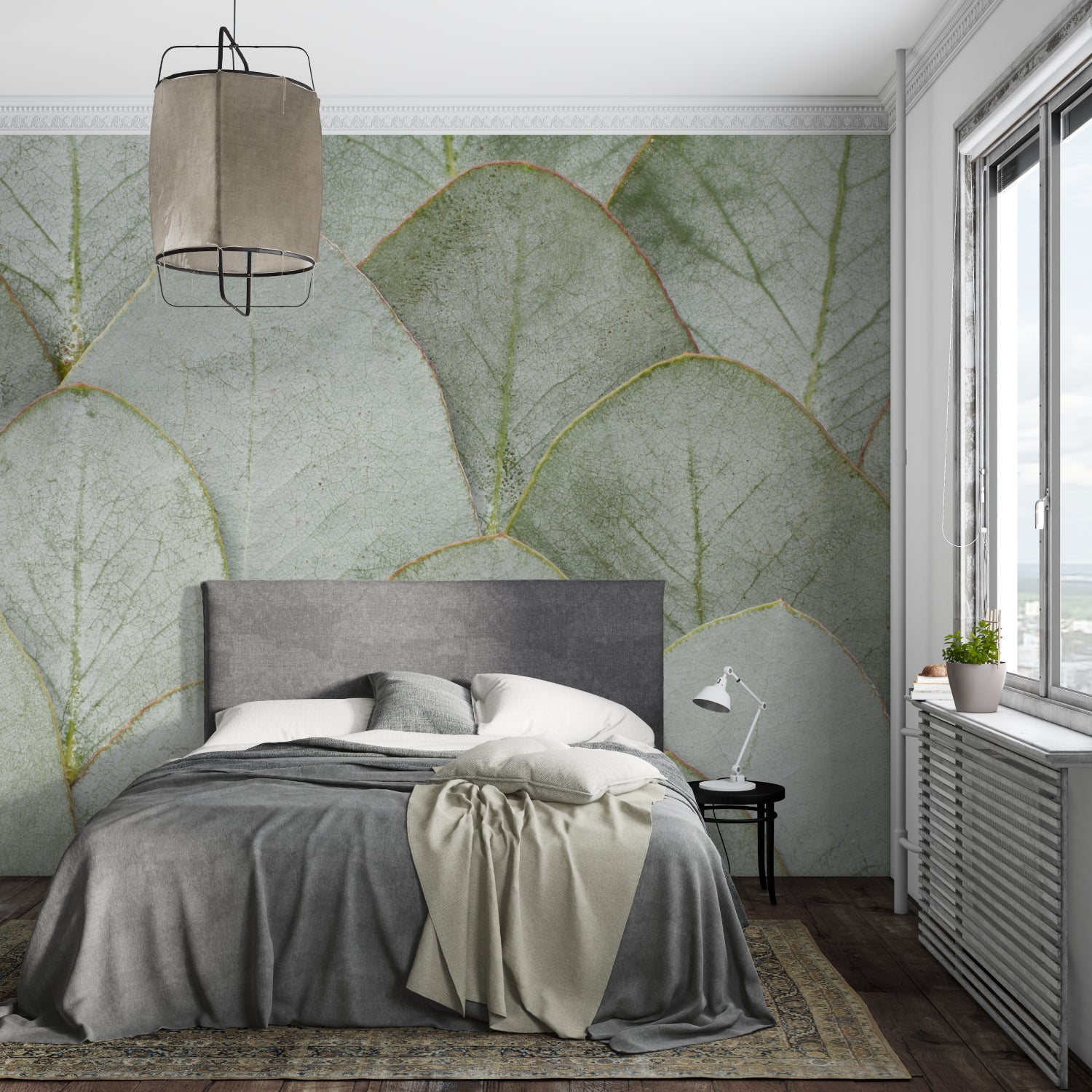Large leaf pattern wallpaper transforming a home office with natural vibes