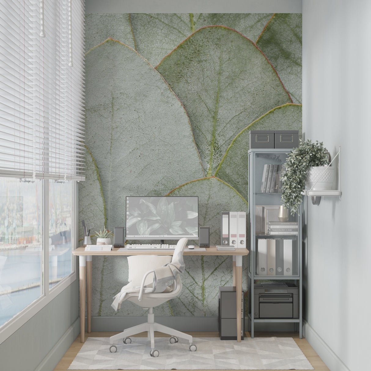 Green leaf mural adding depth to a stylish entrance hallway