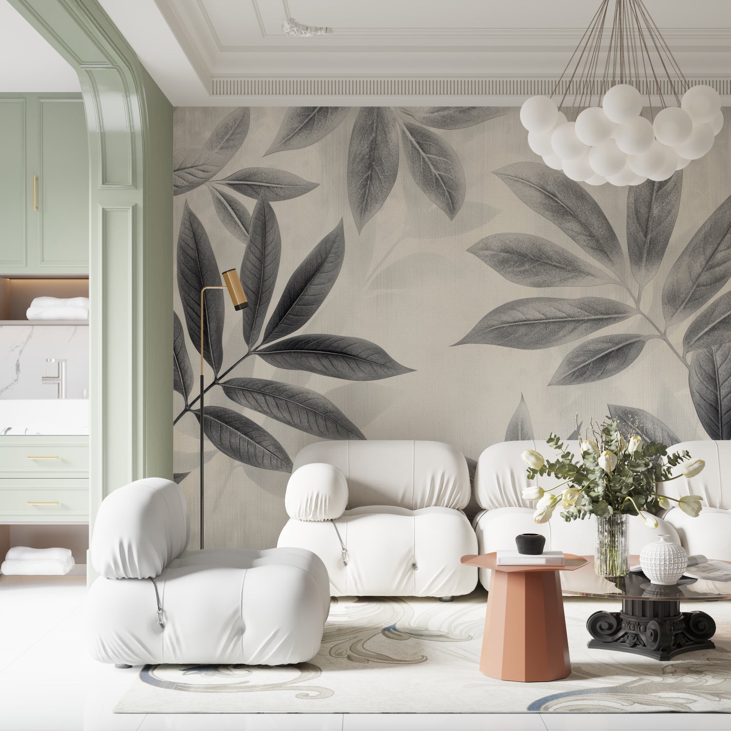 Large grey leaf pattern wallpaper in dining room with contemporary furniture