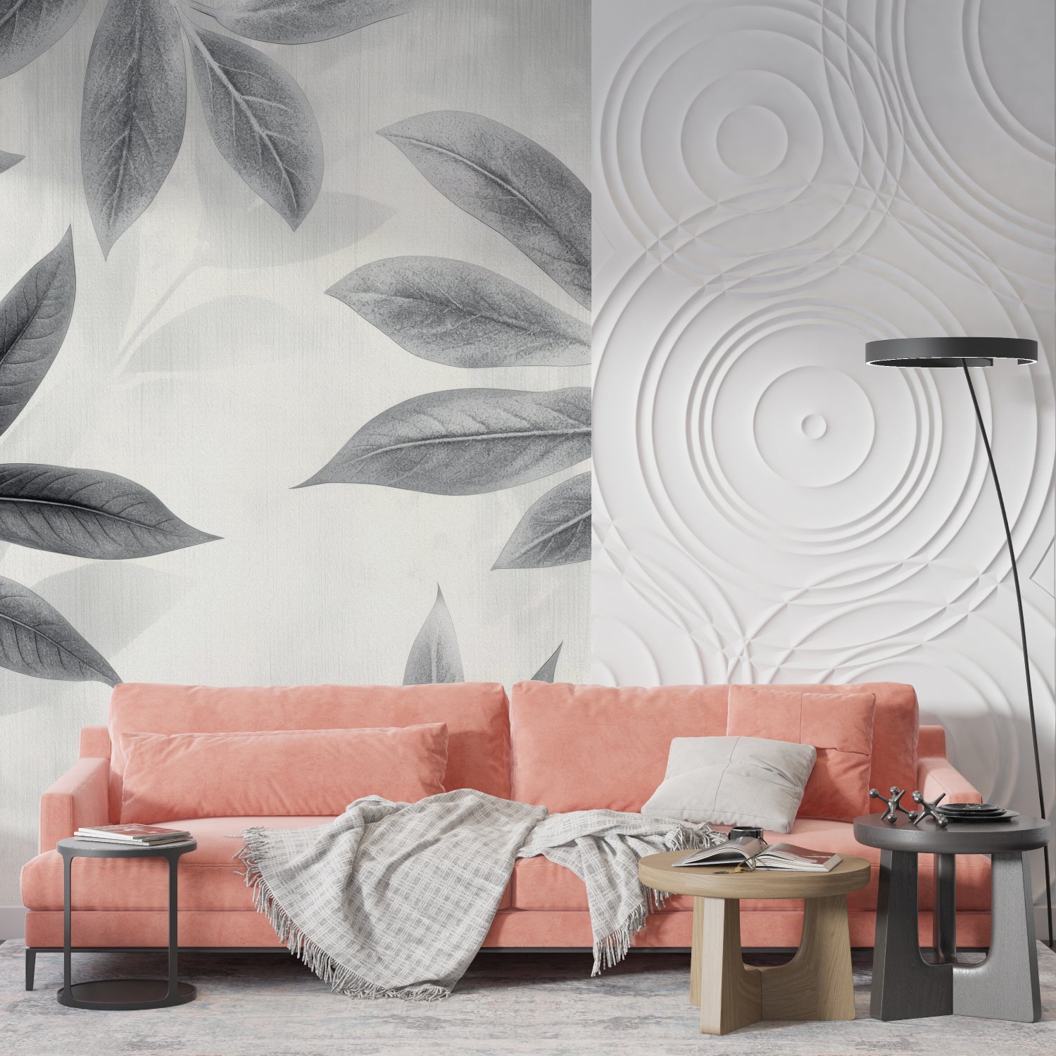 Grey foliage wallpaper in entrance hall creating elegant welcome