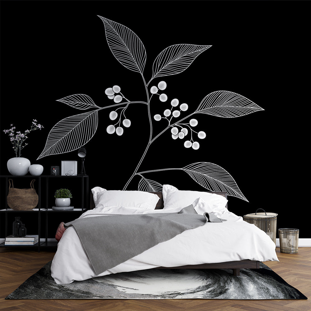 Black and white botanical wallpaper with line art berries design styled in a modern dining room with minimal furniture