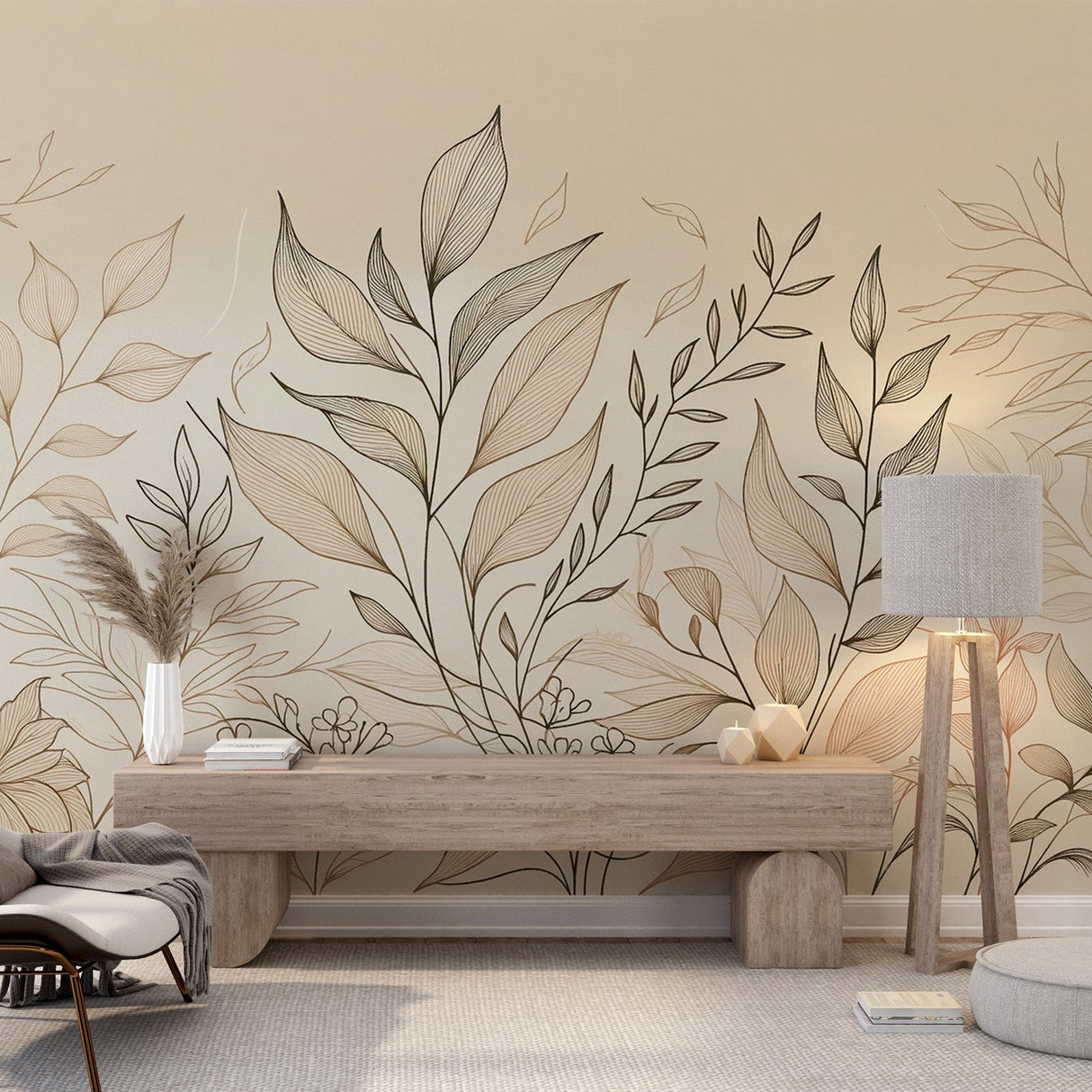Botanical line art wallpaper creating a peaceful atmosphere in a modern living room with beige accents