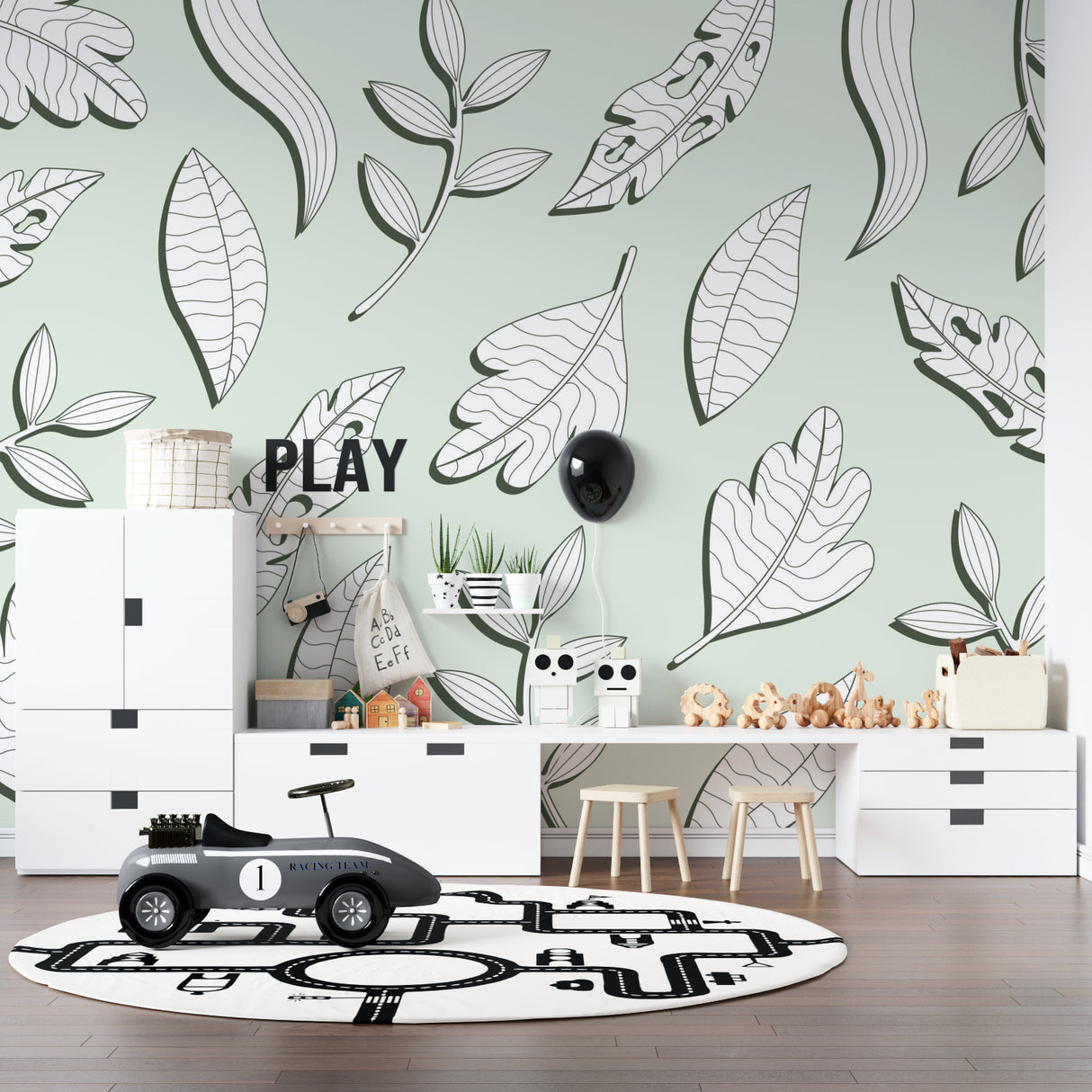 Modern home office featuring botanical line art wallpaper with minimalist furniture