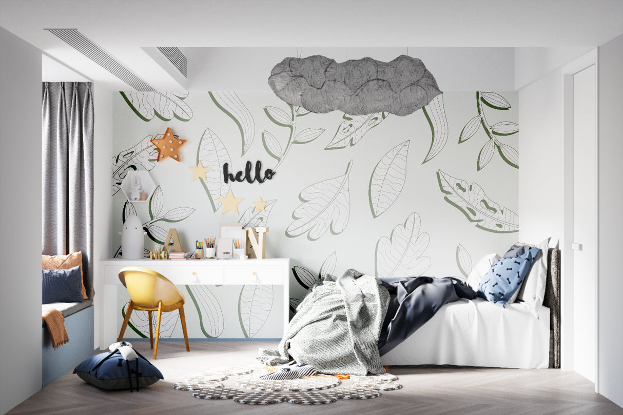 Line art leaf wallpaper creating a fresh atmosphere in a dining room