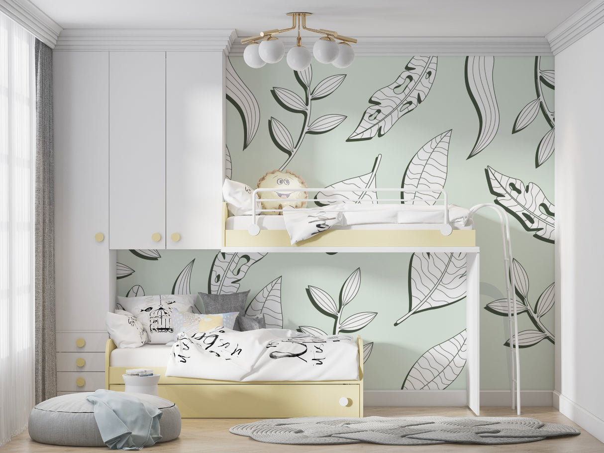 Botanical line art wallpaper in modern living room showing black leaf drawings on mint green background