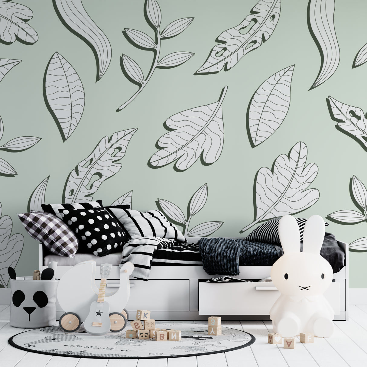 Mint green botanical wallpaper creating calm atmosphere in bedroom with line art leaves
