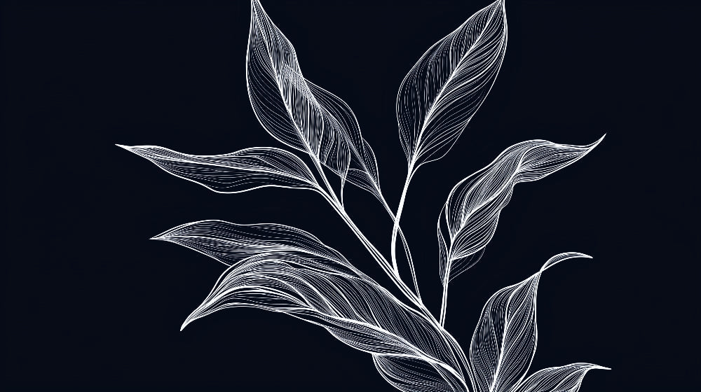 Linear leaves on black background design file showing intricate white botanical line art pattern