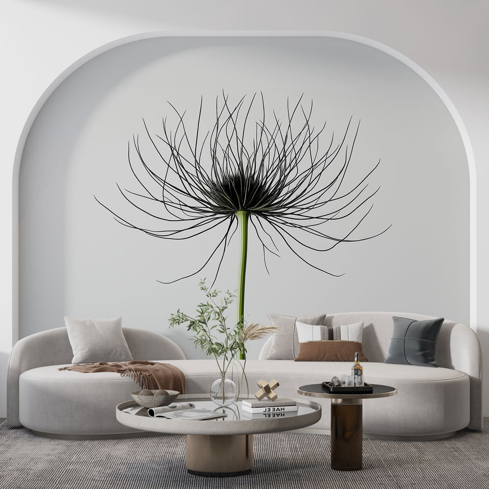 Black Dandelion botanical wallpaper creating modern impact in a bright Scandinavian living room setting