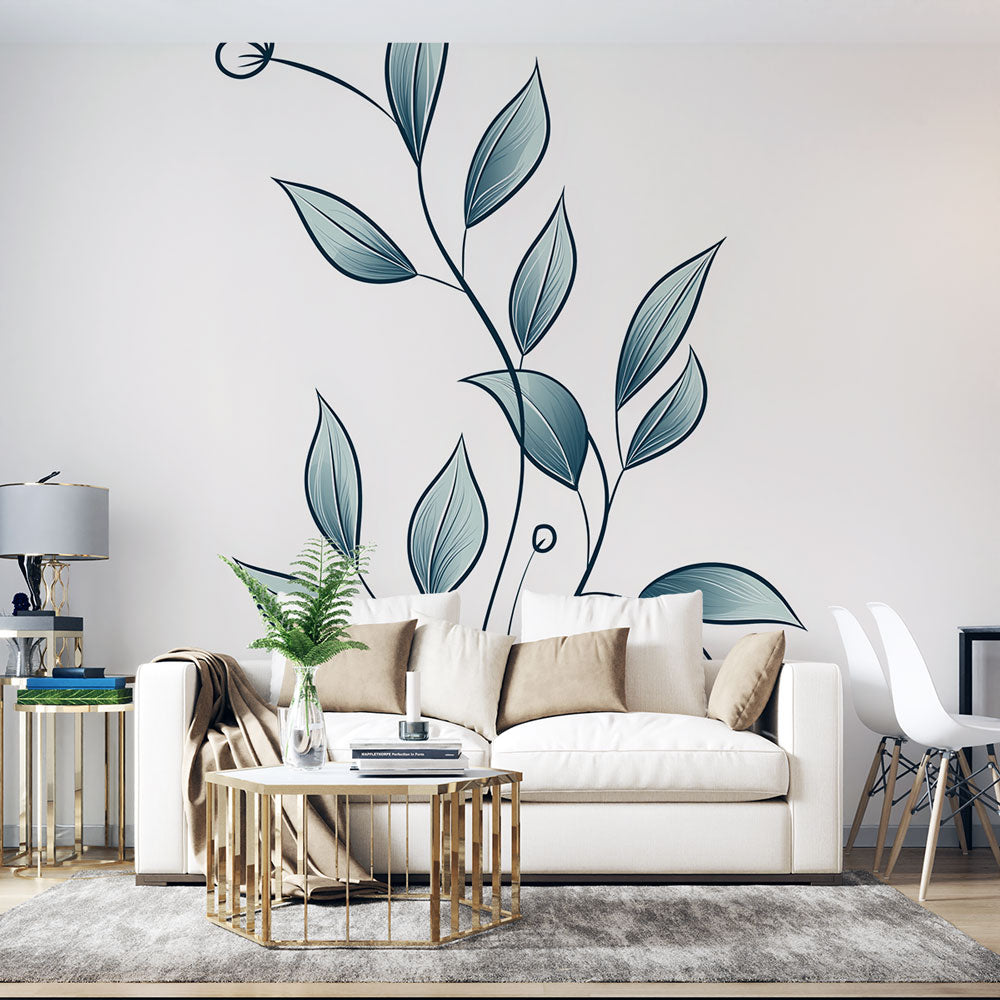 Botanical wall mural with minimalist blue leaves creating a serene atmosphere in a modern living room setting