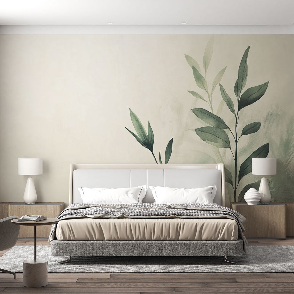 Botanical leaf wallpaper in a bright modern living room, creating a fresh and minimalist atmosphere