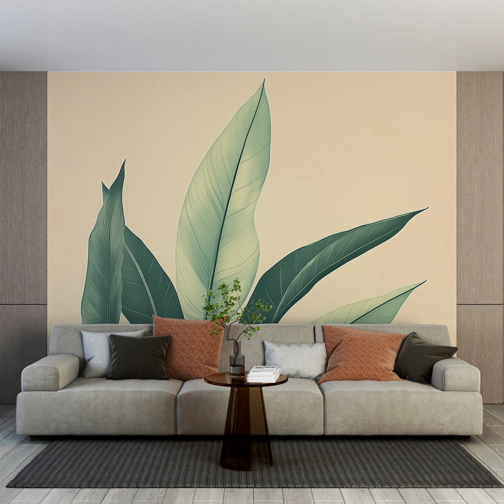 Botanical leaf wallpaper in modern living room, showing large green leaves on beige background creating a peaceful atmosphere