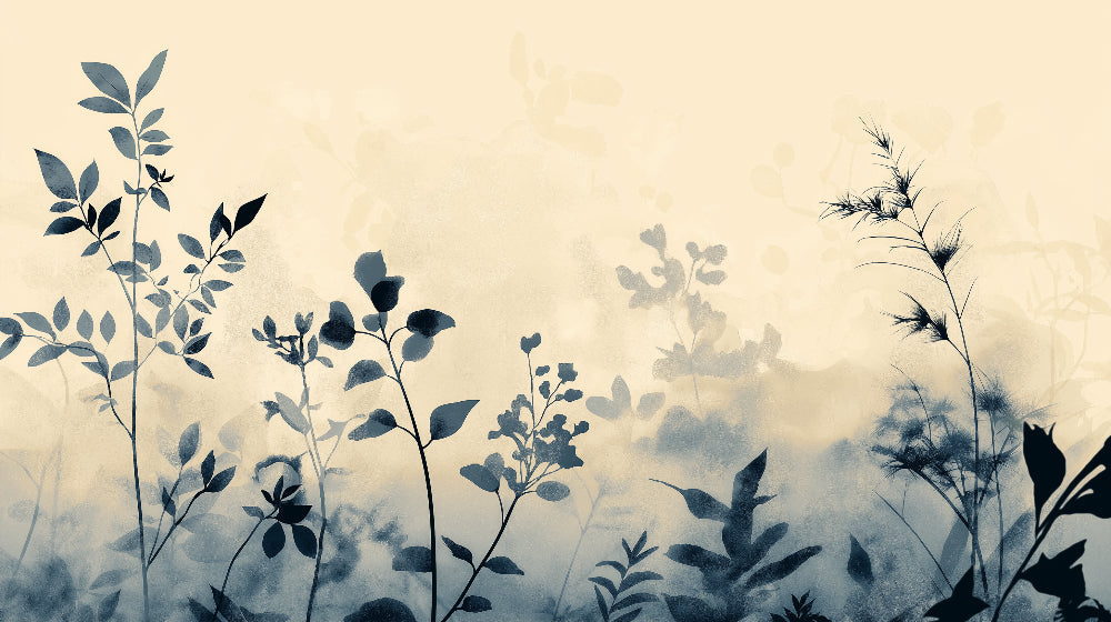 Botanical wallpaper design file showing delicate blue foliage pattern on soft beige background