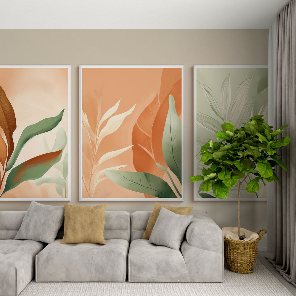 Botanical wall mural with abstract leaves in terracotta and sage tones creating a peaceful atmosphere in a modern living room