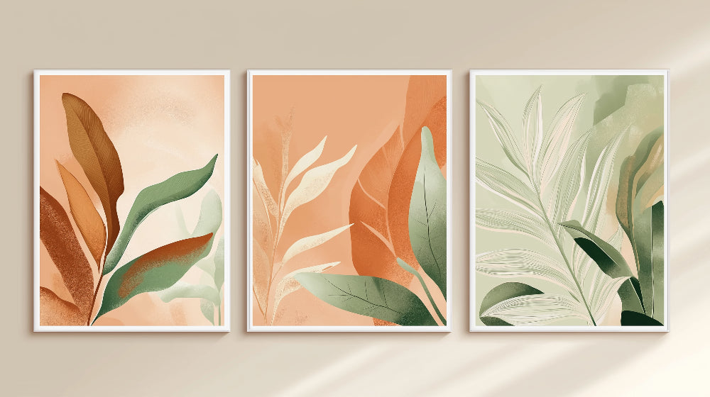 Modern abstract leaf wallpaper design file showing terracotta and sage botanical pattern