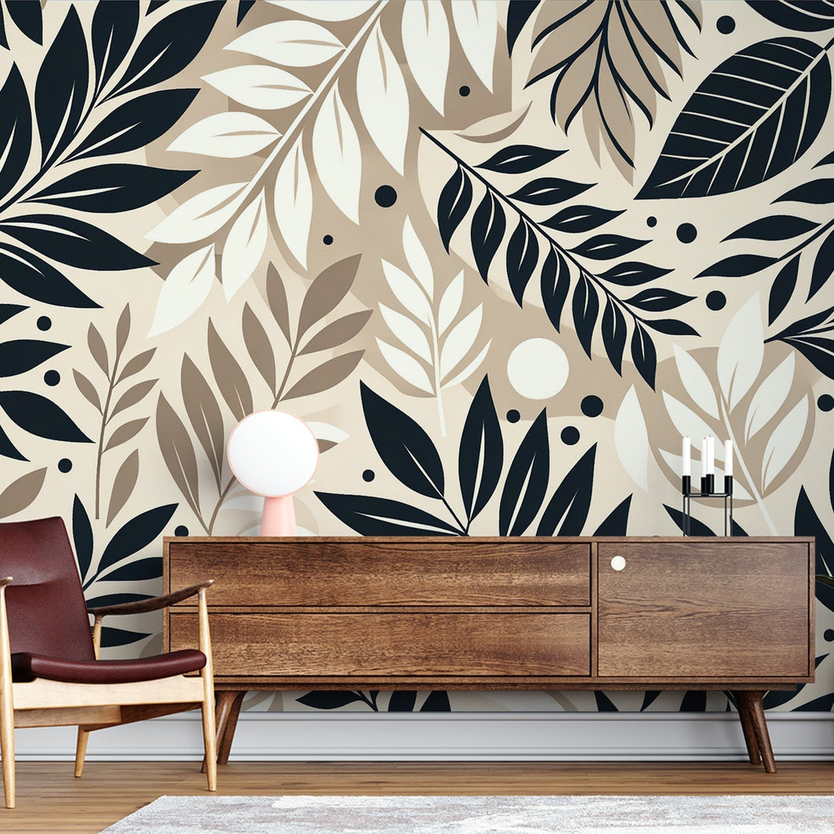 Black and beige botanical wallpaper in modern living room with natural light