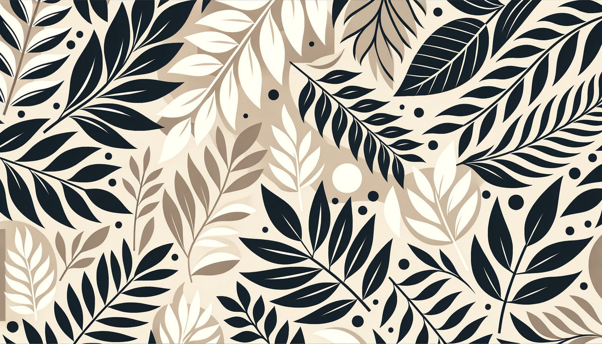 Botanical leaf pattern wall mural in minimalist dining space