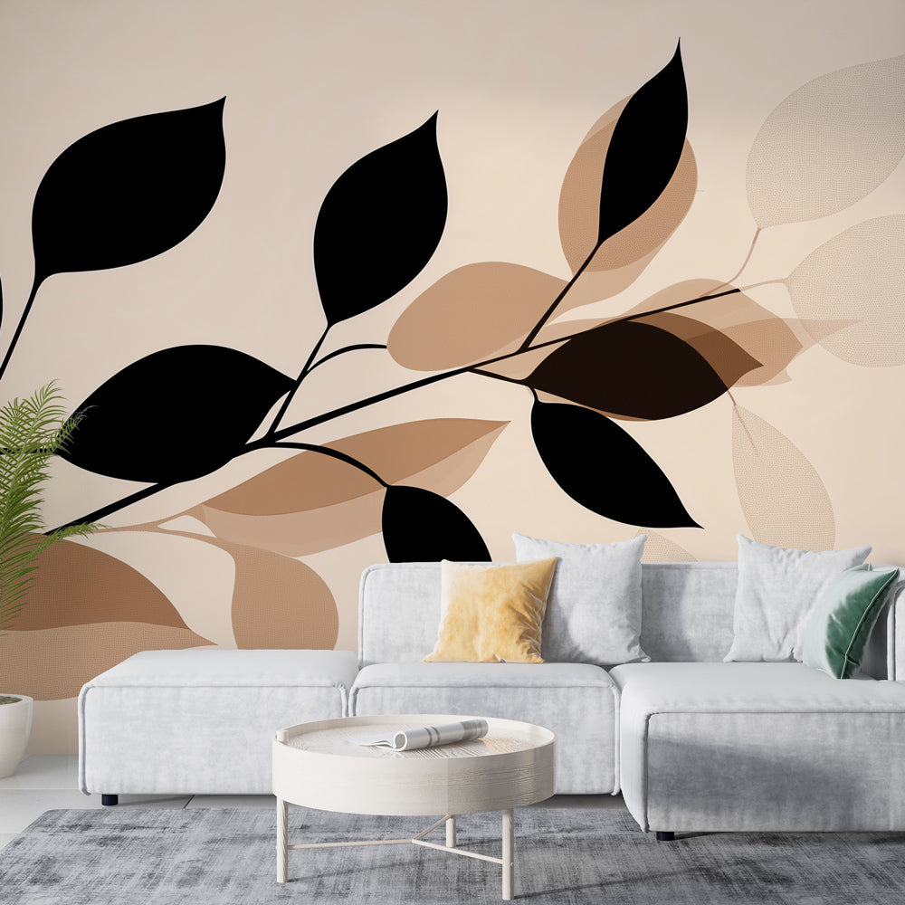 Modern botanical wallpaper with black leaves creating a peaceful atmosphere in a minimalist living room setting
