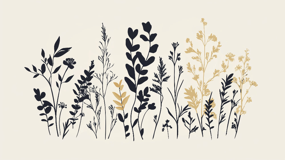 Modern botanical wallpaper design file showing black plant silhouettes with golden accents on cream background
