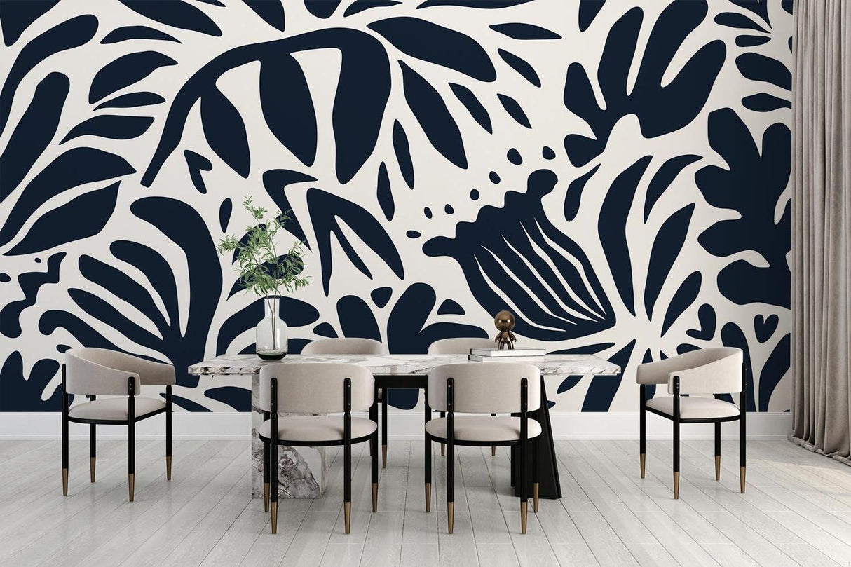 Black and white botanical wall mural bringing contemporary style to a sleek home office setting