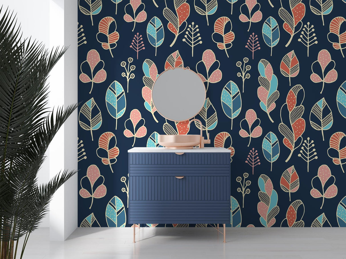 Modern botanical feather wallpaper in navy and coral adds elegance to a bright master bedroom