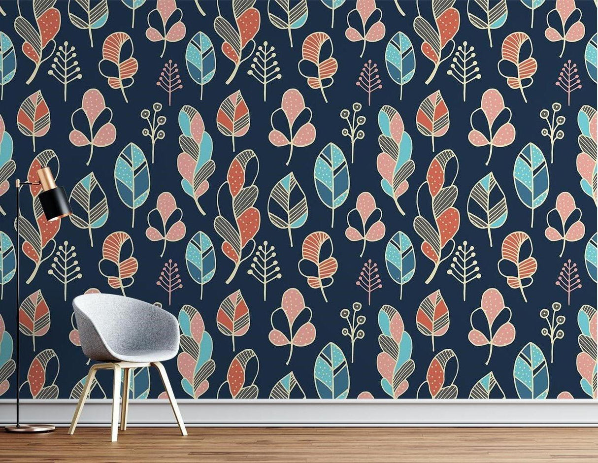 Navy and coral feather pattern mural creates a stunning backdrop in a modern home office