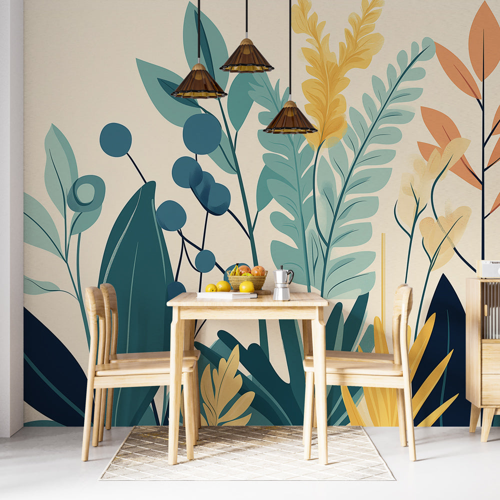Modern botanical wallpaper with teal and gold leaves shown in a bright living room setting with minimal furniture