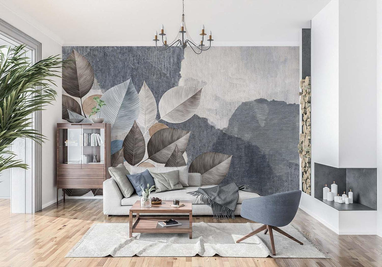 Modern grey leaf wallpaper mural in bright living room with grey sofa and natural light