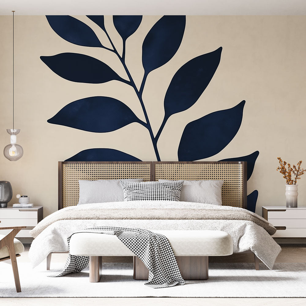 Modern Navy Botanical Wallpaper displayed in a bright Scandinavian living room with minimal furniture and natural light