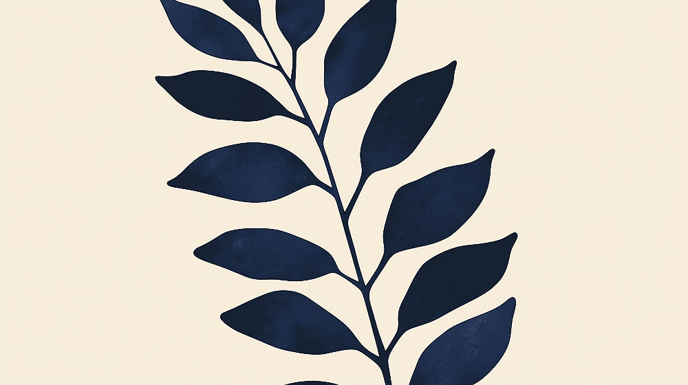 Navy blue leaves pattern design file showing the detailed botanical motif on beige background