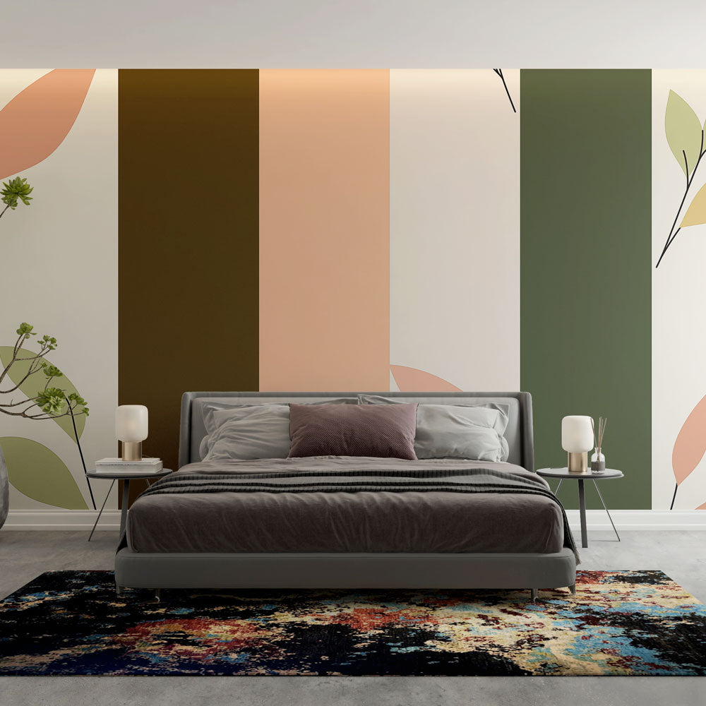 Botanical striped wallpaper with nature elements creating depth in a modern living room with natural light