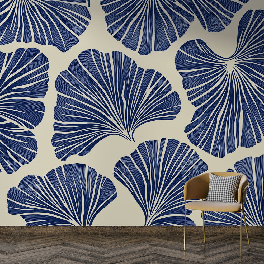 Navy blue Ginkgo botanical wallpaper in a modern dining room, creating an elegant and peaceful atmosphere
