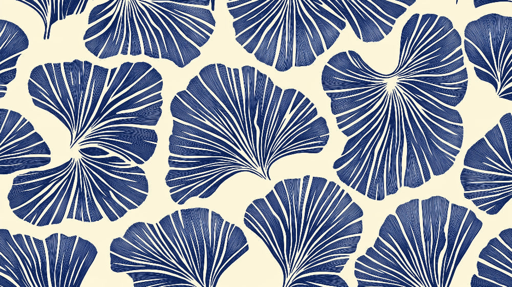 Navy blue Ginkgo leaf pattern design file showing detailed botanical motifs on cream background
