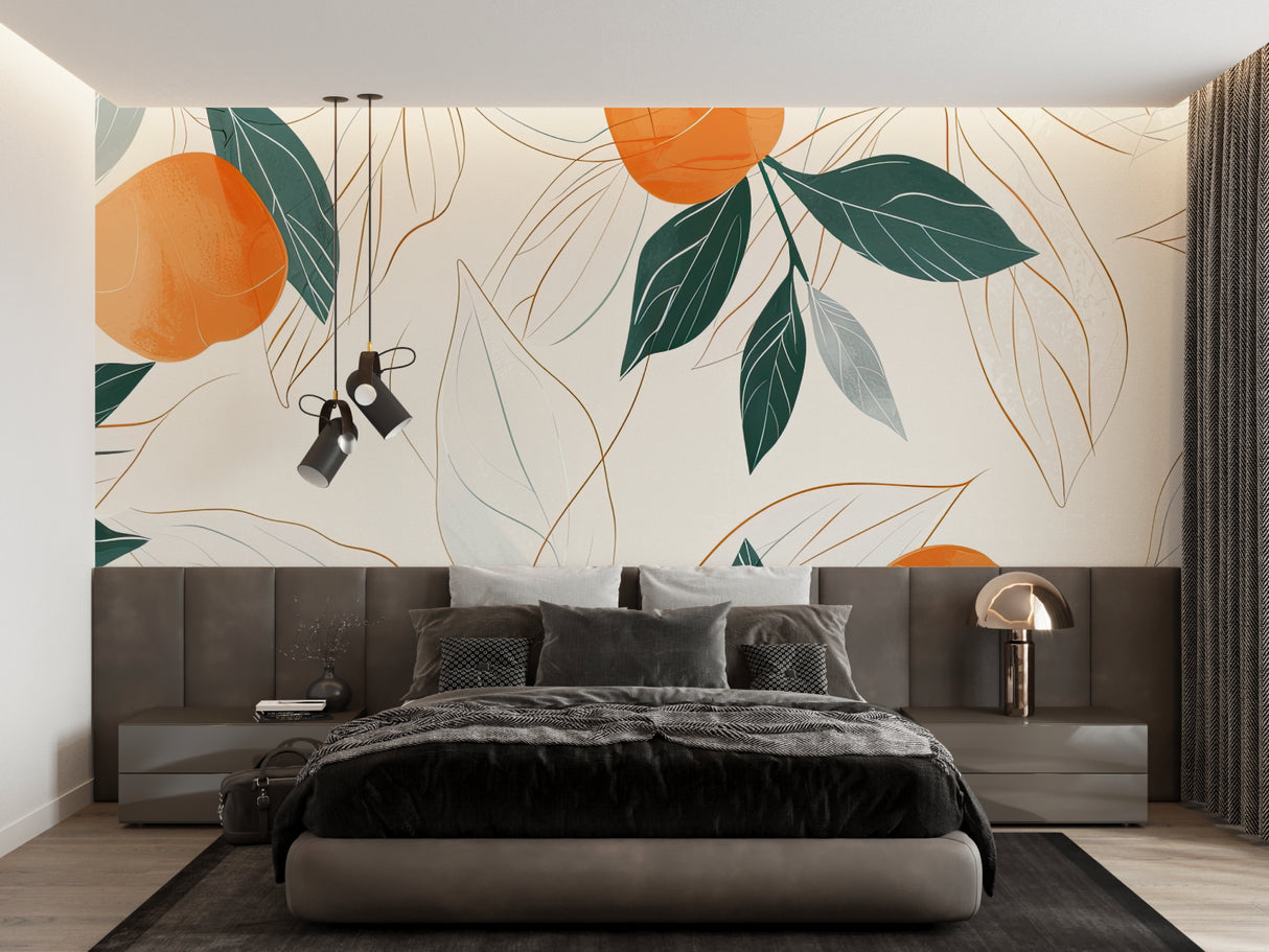 Botanical orange tree wallpaper in a bright modern kitchen showing fruits and leaves pattern