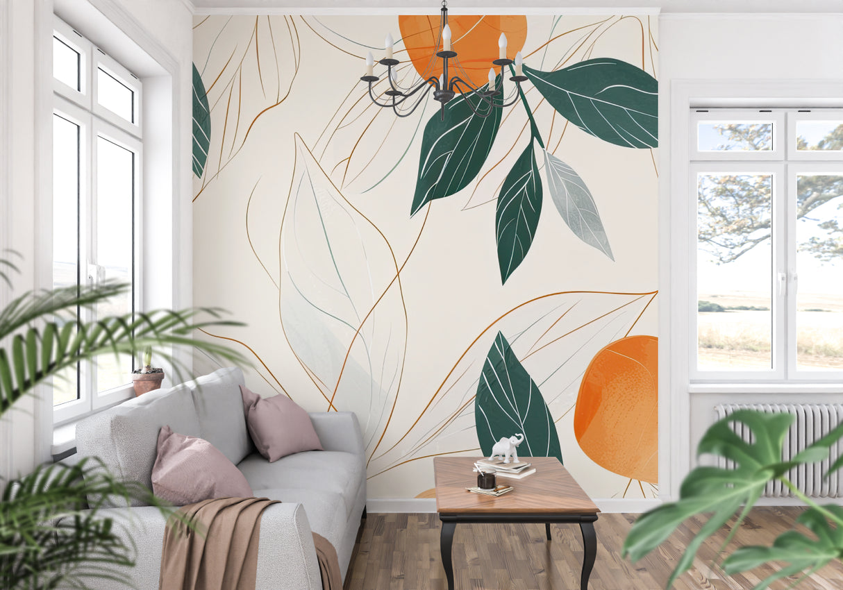 Botanical fruit wallpaper brightening up a home office space