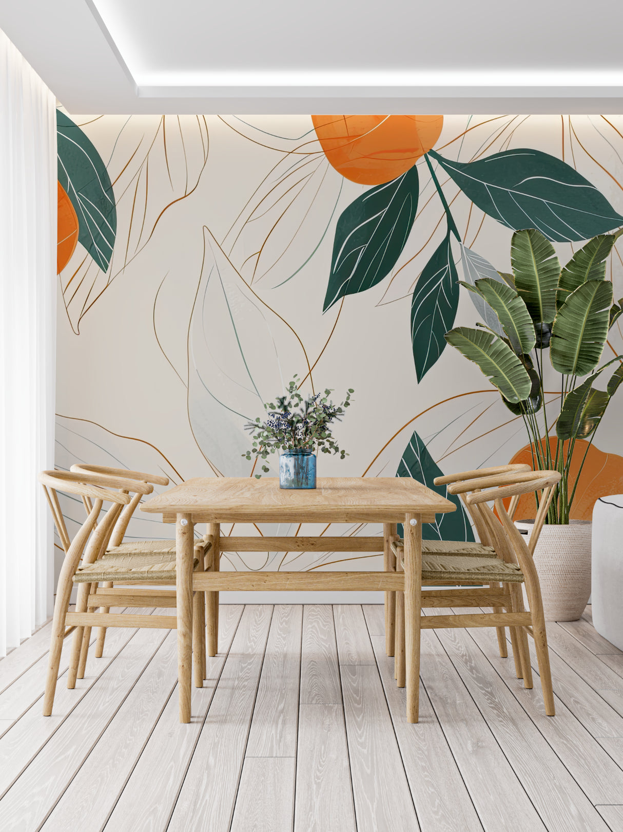 Modern orange tree pattern mural in a cozy bedroom environment