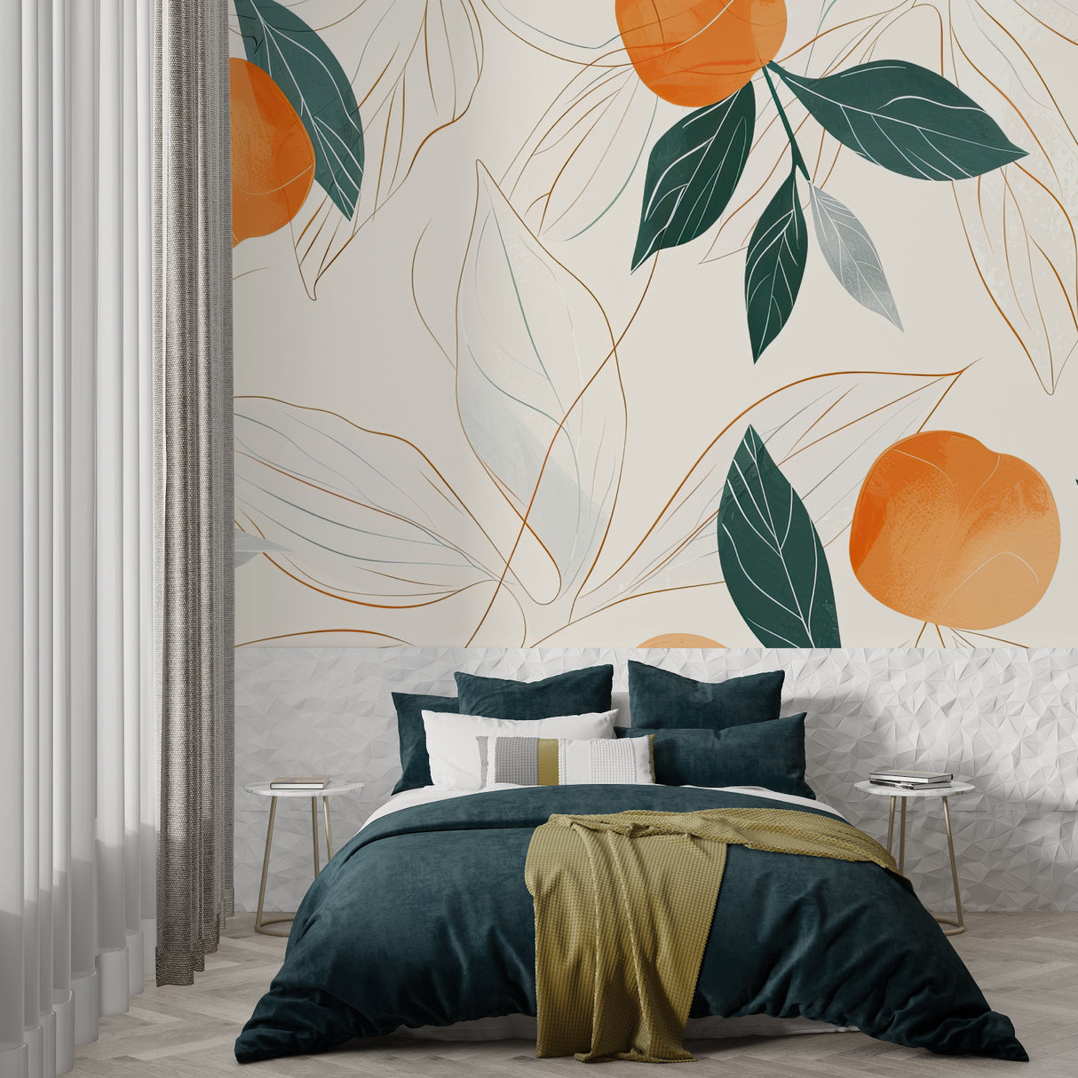 Botanical wall mural showcasing orange fruits in an entrance hallway